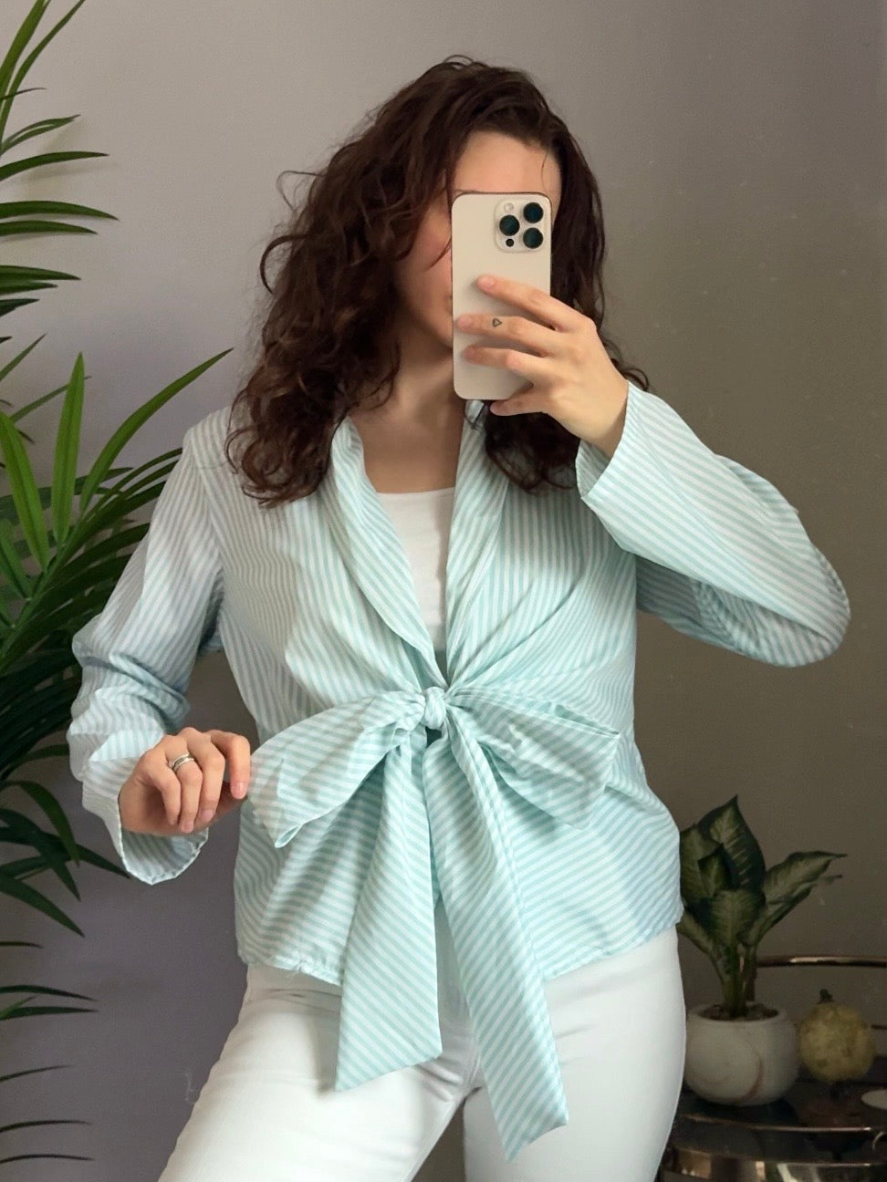 Bluse „Stripe & Bow“ mint