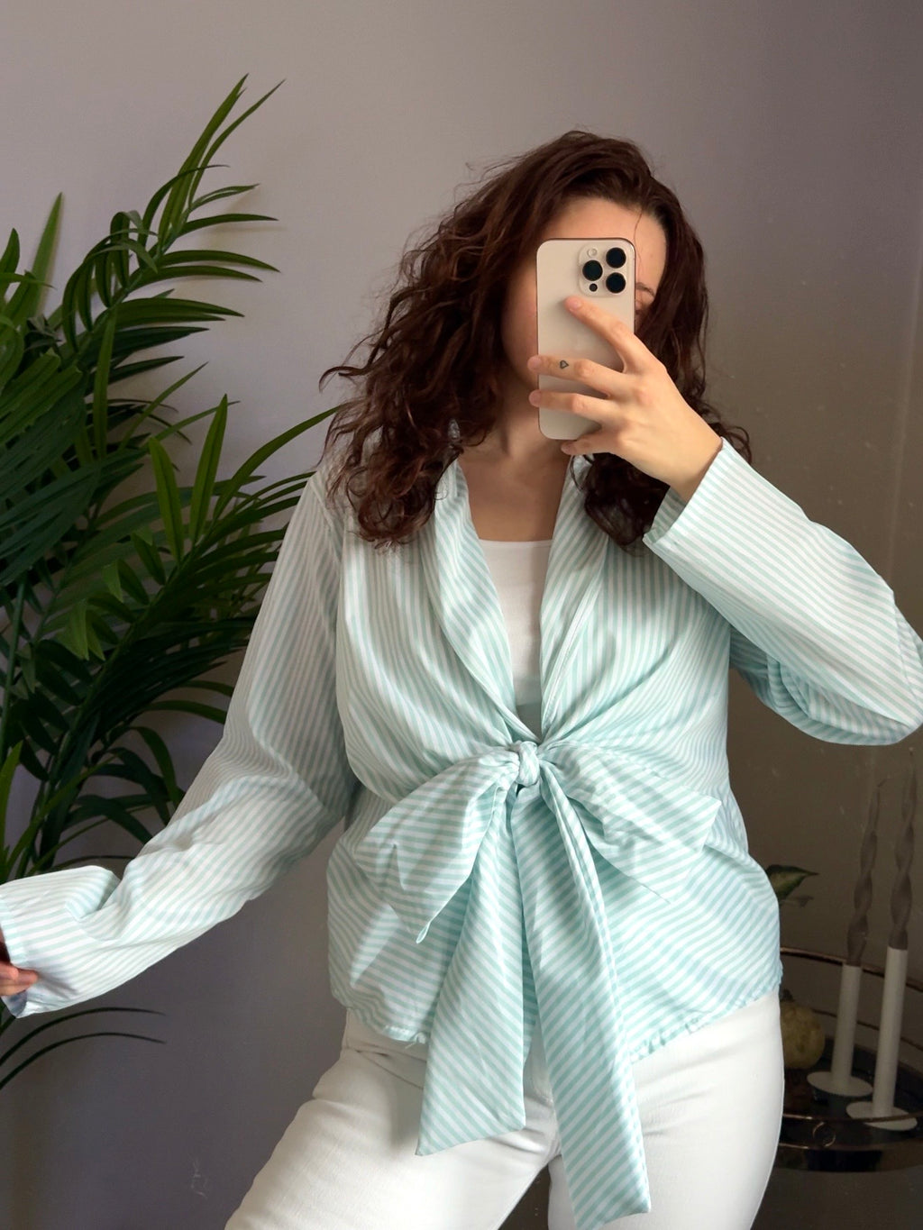 Bluse „Stripe & Bow“ mint