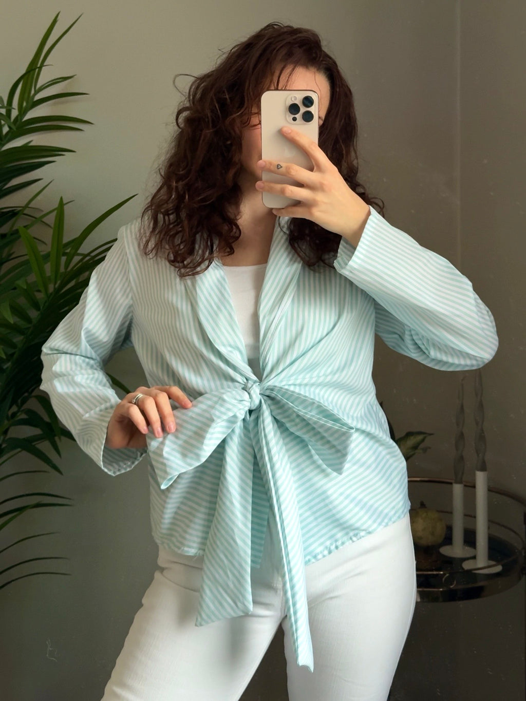 Bluse „Stripe & Bow“ mint